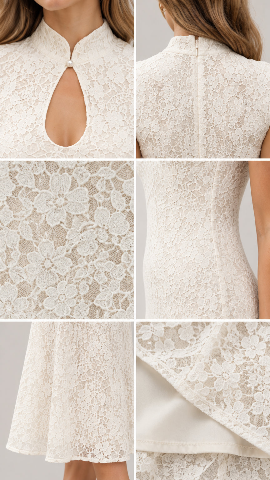 Detailed close-ups of lace texture, keyhole collar, and lined hemline