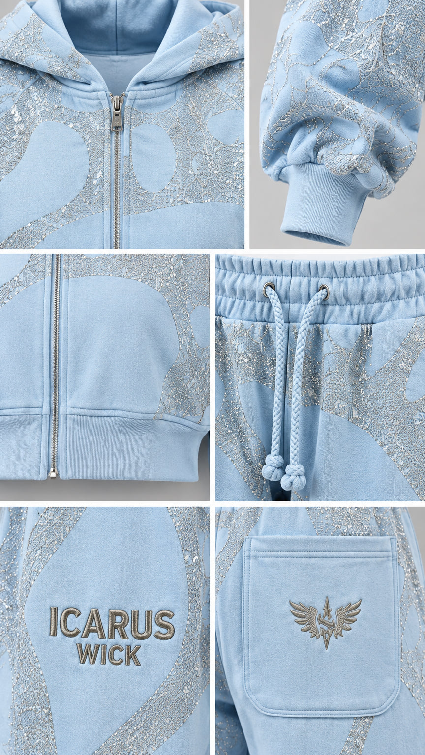 Close-up detail collage of hoodie zipper, ribbed cuffs, drawstring waist, and back pocket embroidery