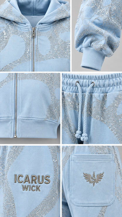 Close-up detail collage of hoodie zipper, ribbed cuffs, drawstring waist, and back pocket embroidery