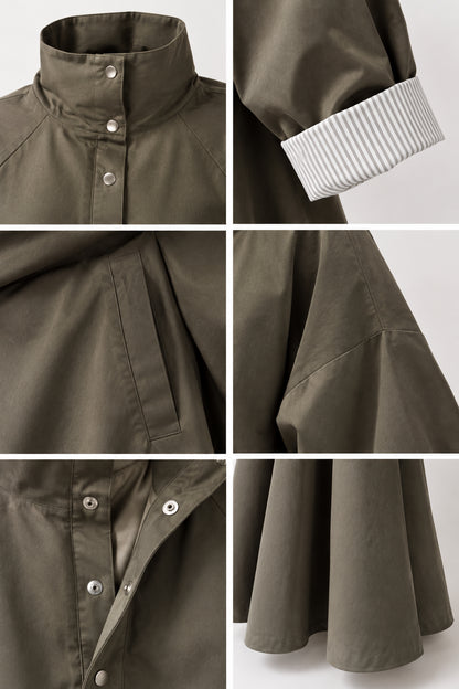Detailed close-up collage of snap collar, striped cuff, pockets, and hem finish