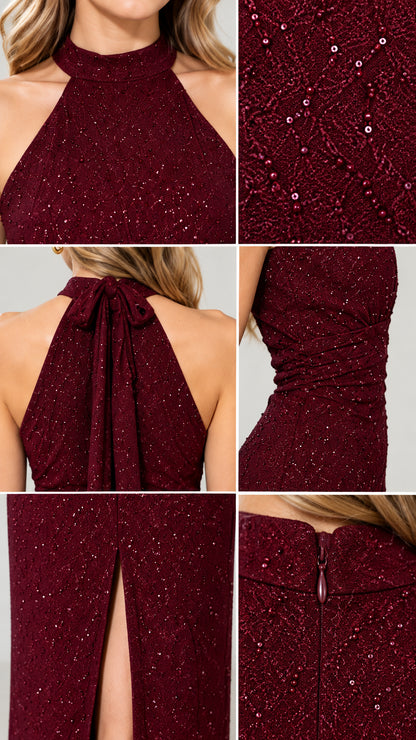 Detailed close-up views of halter neckline, glitter fabric texture, tie back, and zipper