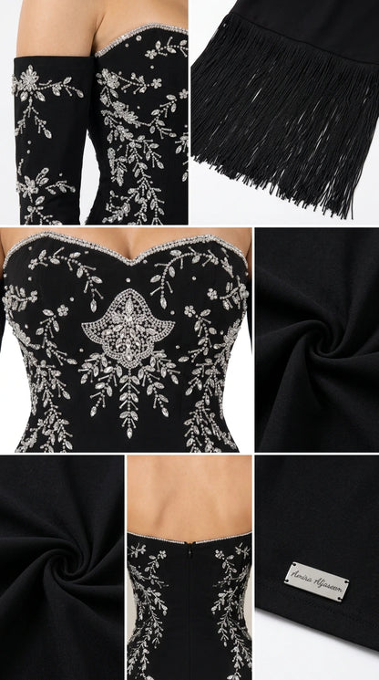 Close-up details of crystal floral beadwork, fringe trim, and zipper closure on evening gown