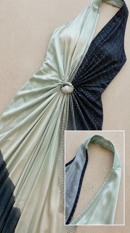 Close-up detail of Sage Navy draped bodice with circular ring gather and pattern accent