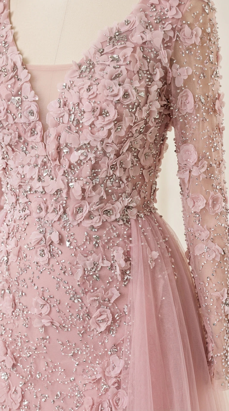 Close-up of 3D floral petal appliqués, delicate beadwork, and illusion V-neckline