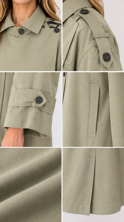 Close-up details of collar, shoulder tabs, cuff buttons, pockets, and fabric