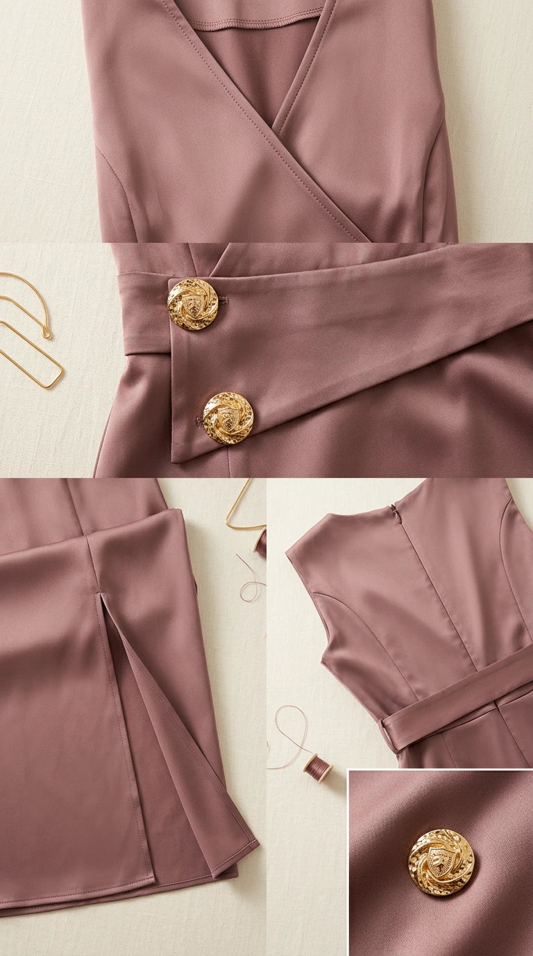 Close-up details of neckline, gold buttons, fabric texture, and side slit