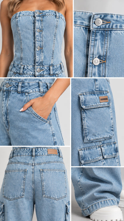 Close-up details of button front bodice, pockets, belt loops, and denim texture