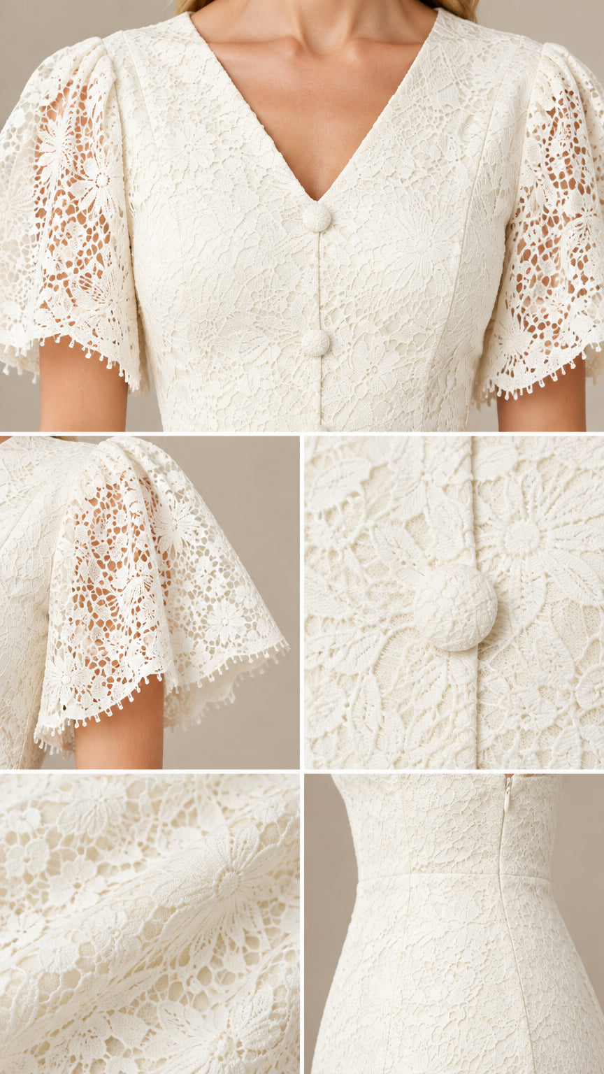 Close-up details of ivory lace V-neckline, covered buttons, flutter sleeve, and lace fabric