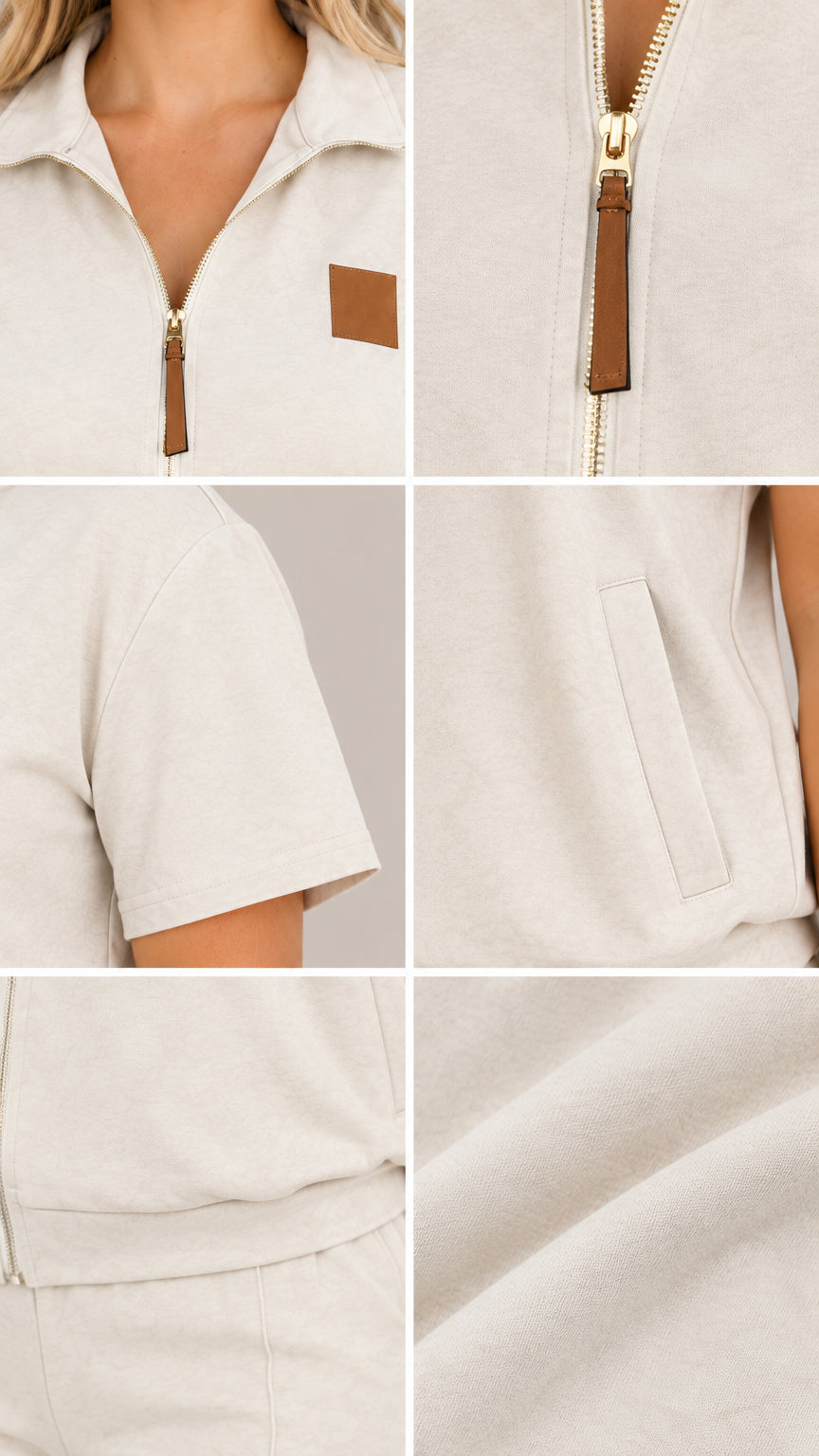 Close-up details of collar zipper, chest patch, sleeve, pocket, and fabric texture