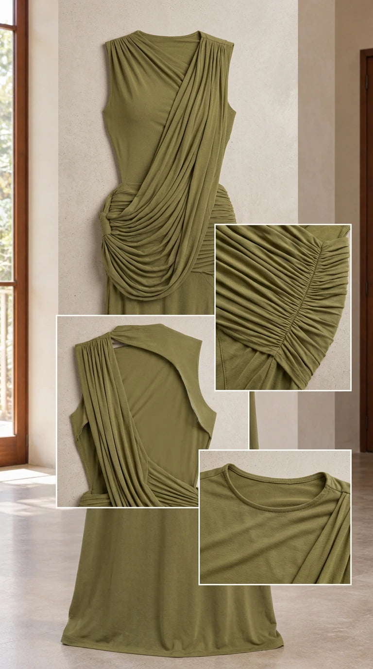 Close-up details of draping, ruching, and stitching on olive green maxi dress