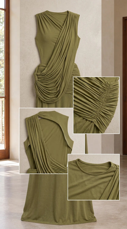 Close-up details of draping, ruching, and stitching on olive green maxi dress
