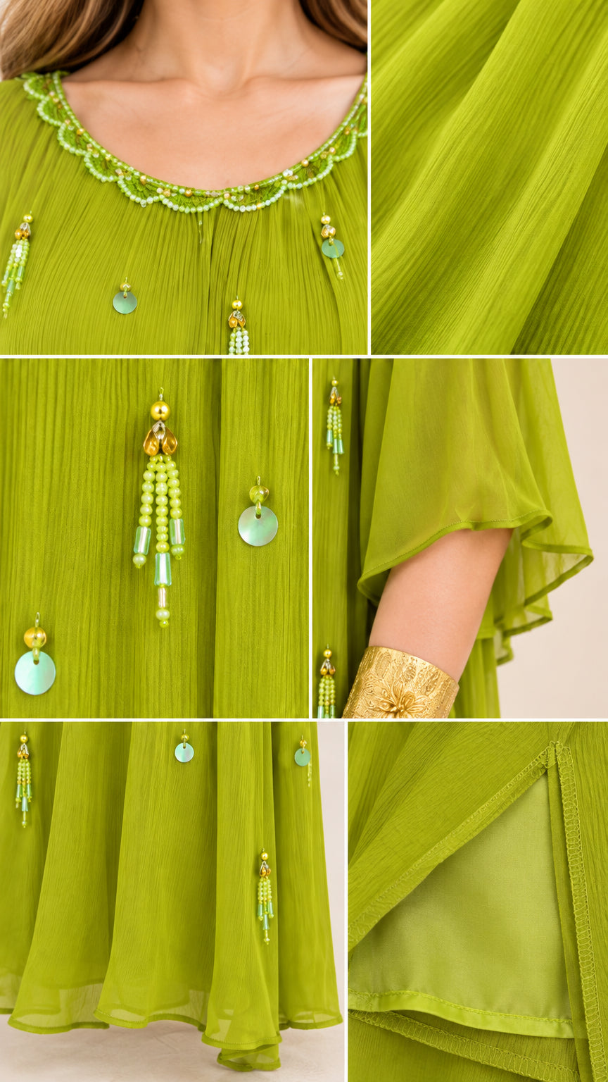 Close-up detail of beaded neckline, tassel embellishments, and lined pleated chiffon fabric