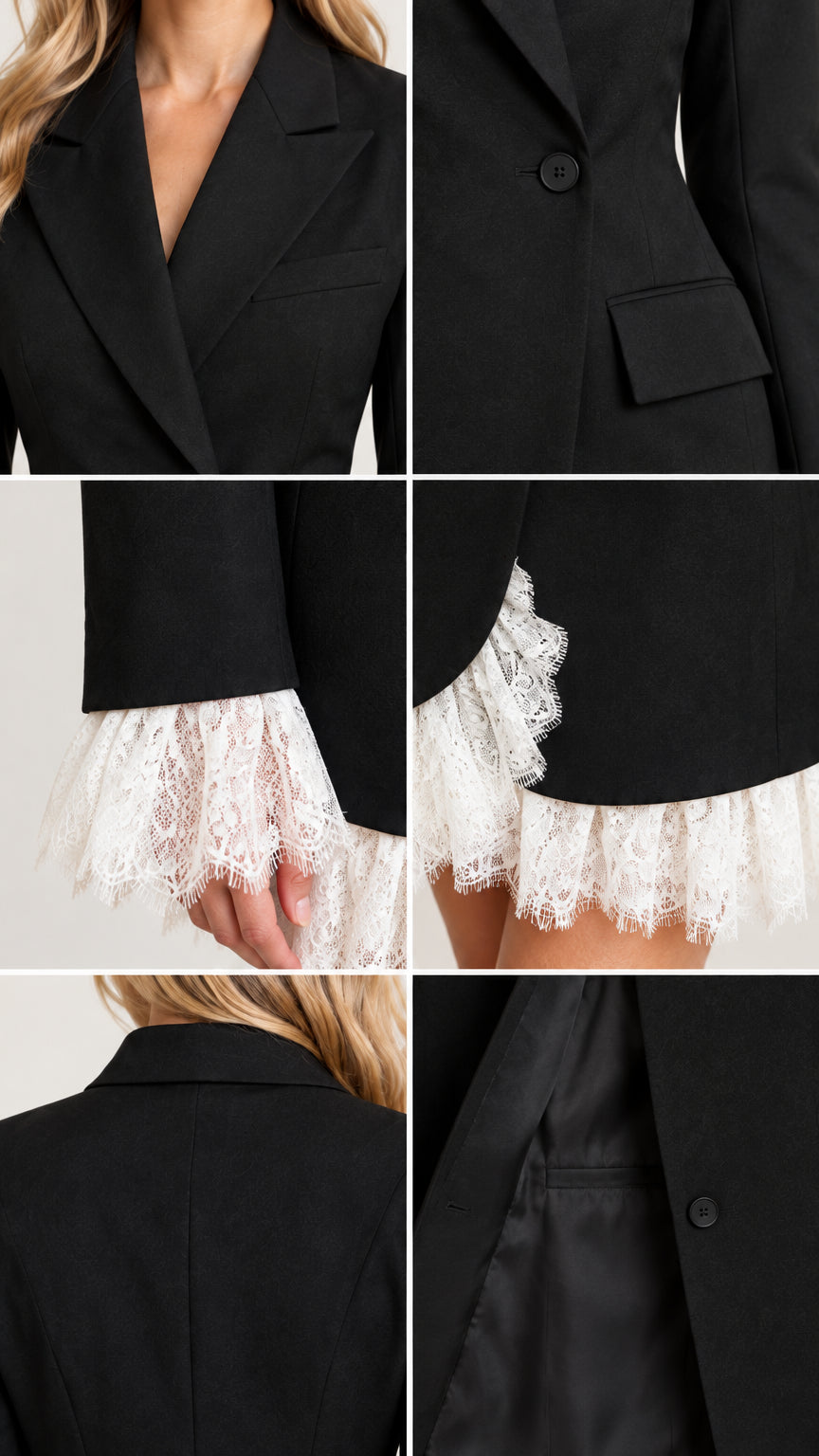 Close-up details of collar, button, lace cuffs, and lace hem on black blazer dress