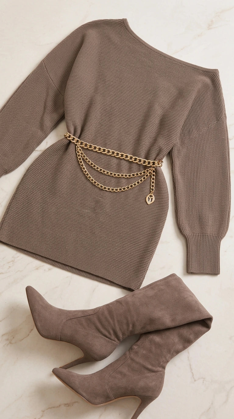 Flat lay of taupe off the shoulder ribbed knit dress with gold chain belt and matching boots