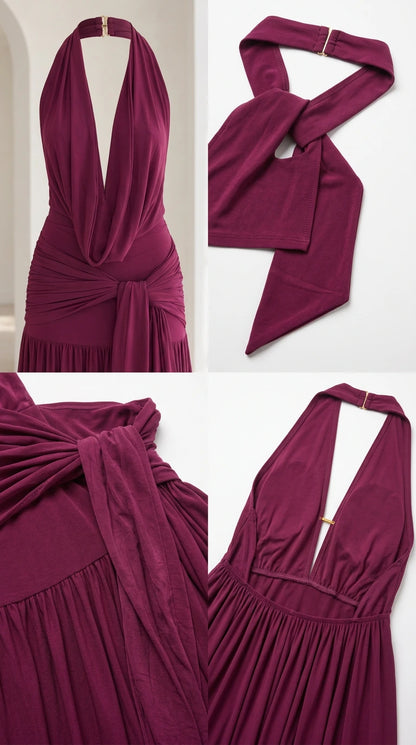 Close-up details of burgundy halter neckline, waist draping, and back closure