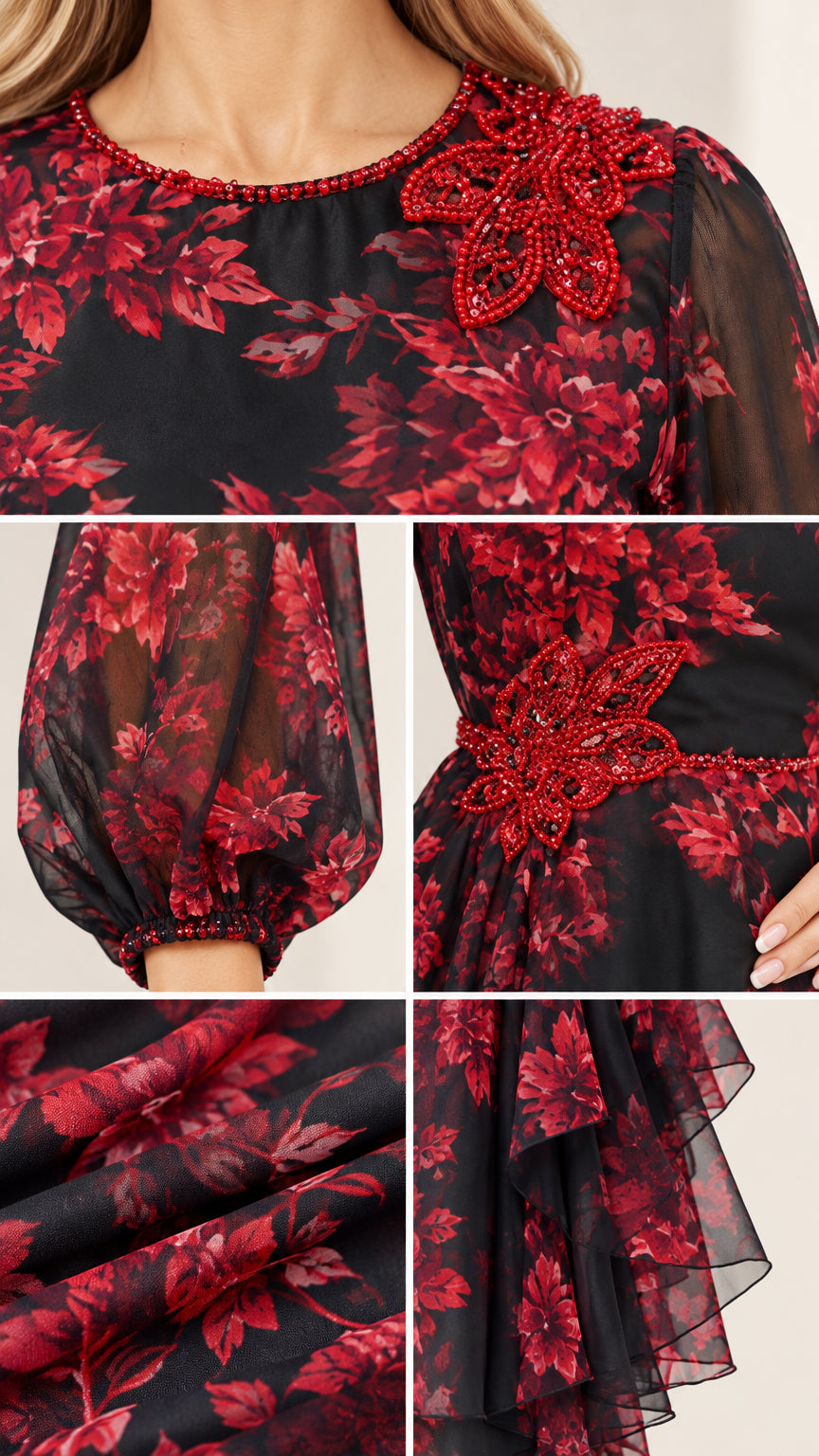 Close-up details of red floral beading on neckline, sleeve cuff, and fabric layers