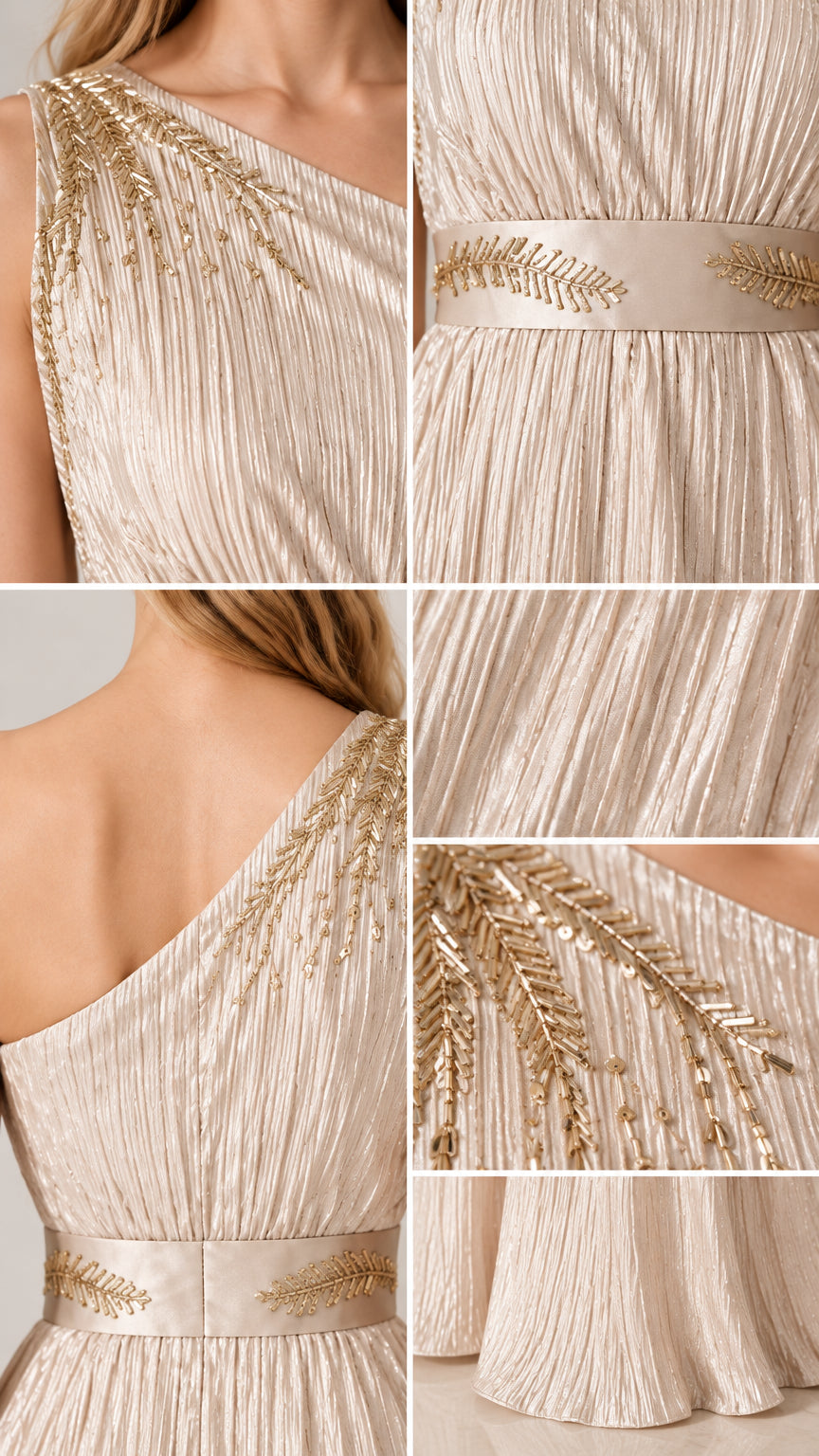 Detailed close-up view of metallic beaded embroidery on shoulder and waistband