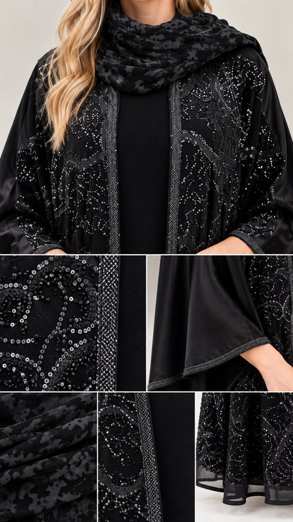 Detailed close-up collage of sequin embroidery, beaded trim, bell sleeve cuff, and textured scarf