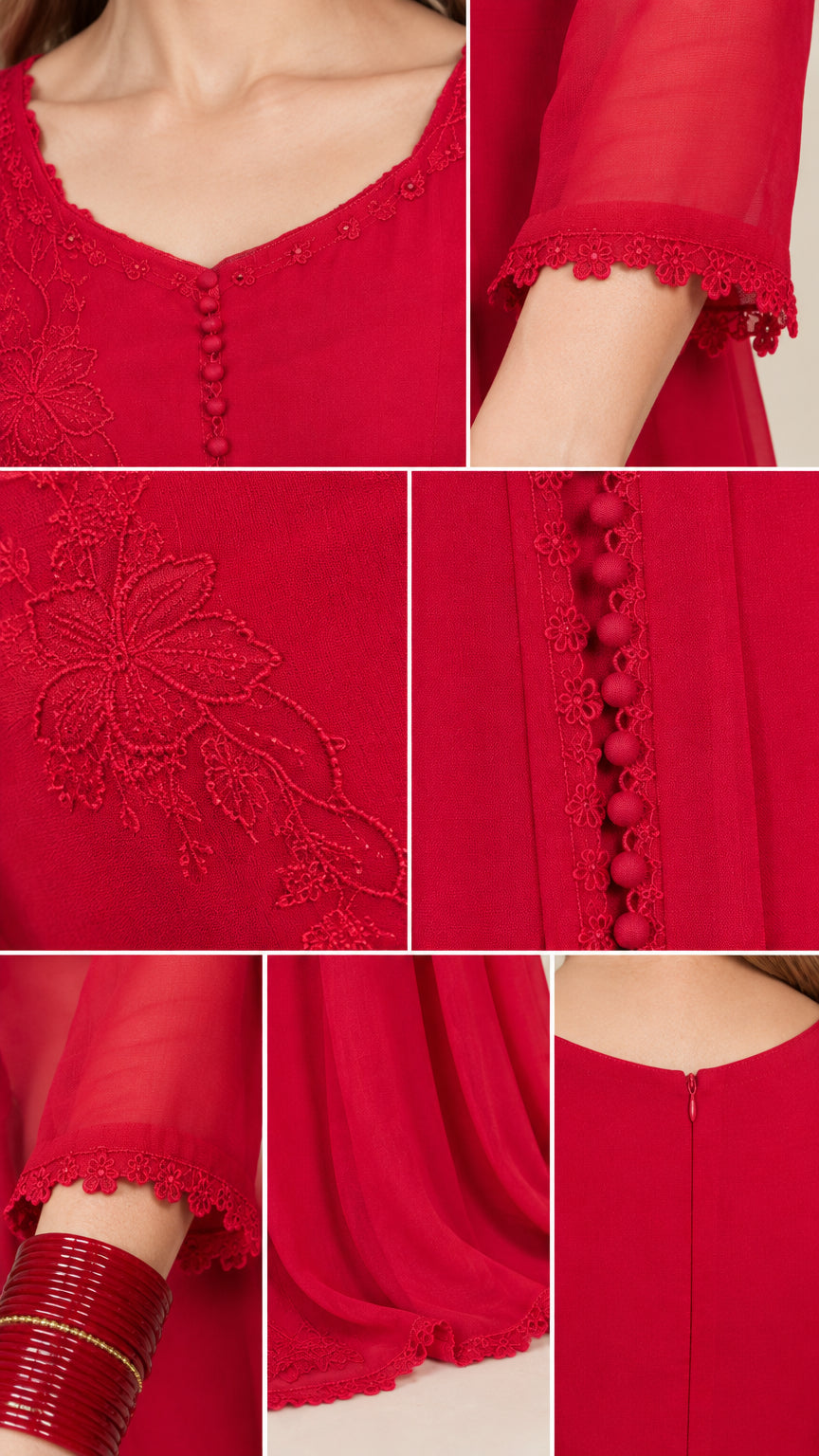 Close-up details of red dress neckline, covered buttons, lace cuffs, and floral embroidery