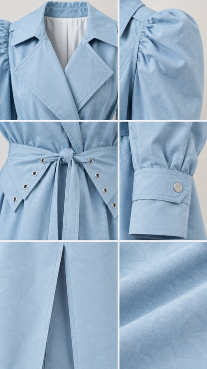 Detailed close-ups of notched lapel, gathered shoulder, eyelet belt, button cuff, and fabric texture