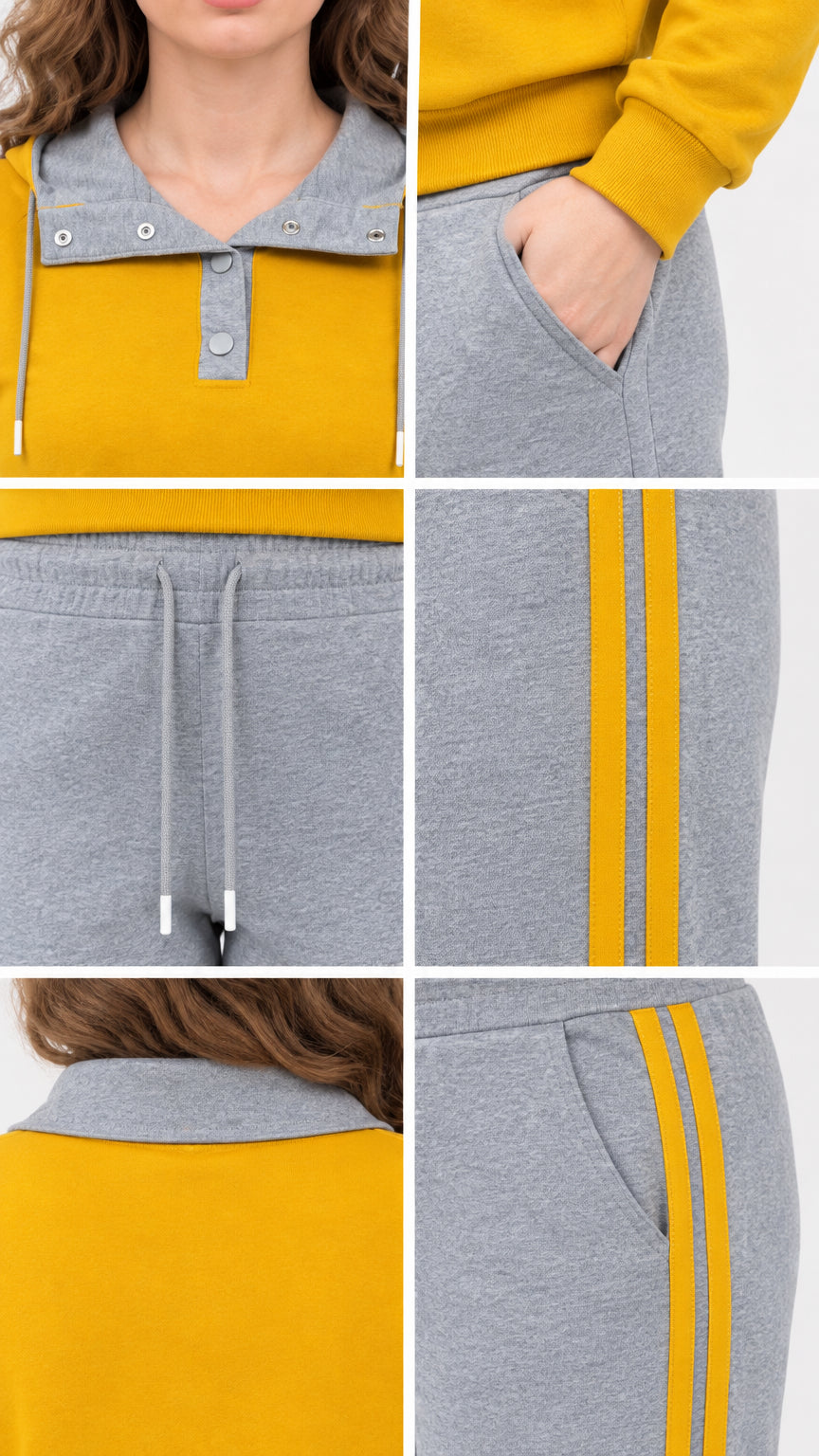 Close-up details of collar button placket, drawstrings, pockets, and side stripe accents