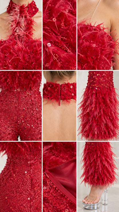 Close-up details of the red sequin fabric, feather bodice, back zipper, and cuffs