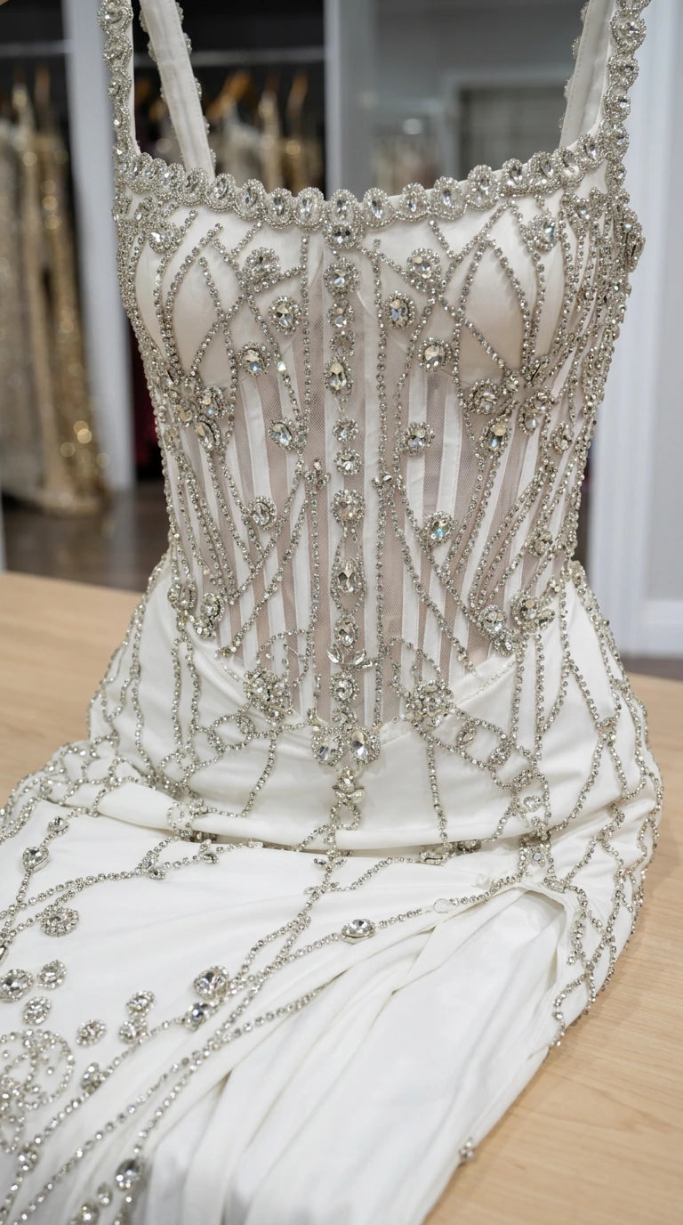 Close-up of white bodice detailing showing crystal beading and corset boning structure