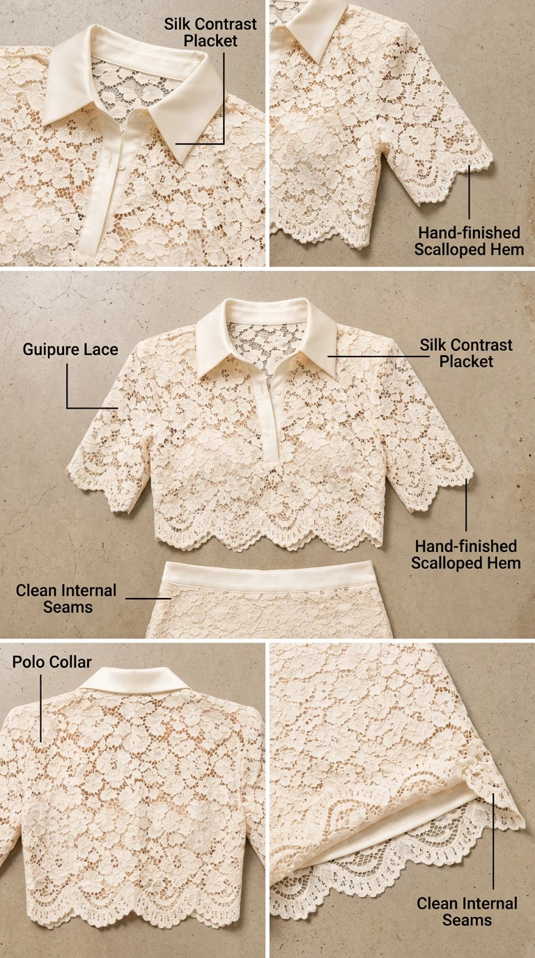 Close-up detail of polo collar, button placket, and scalloped hem on lace crop top and skirt