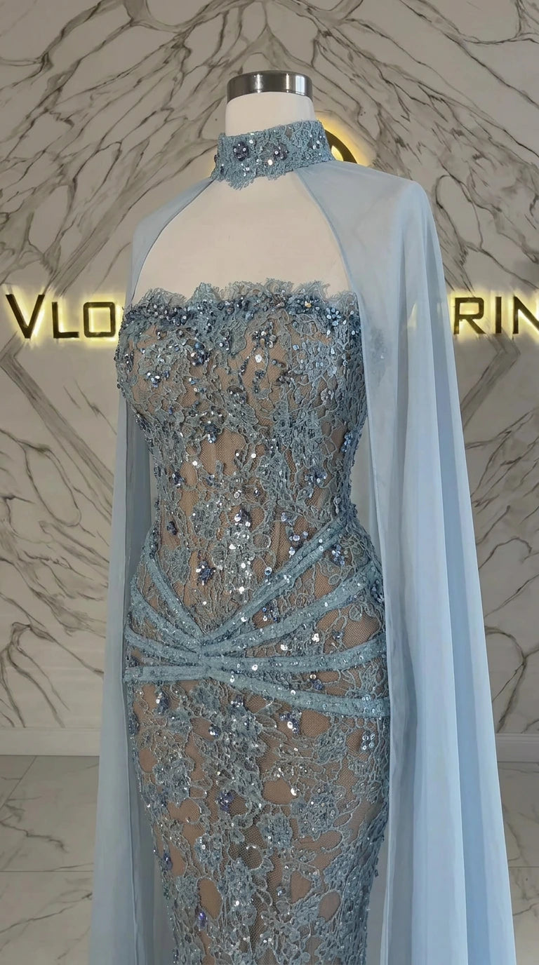 Close-up detail of embellished light blue bodice and choker collar on mannequin