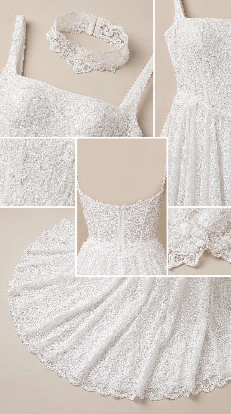 Detailed close-up collage of lace fabric, bodice, back zipper, and lace choker