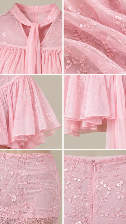 Close-up details of tie neckline, floral sequin lace embroidery, and rear zipper closure