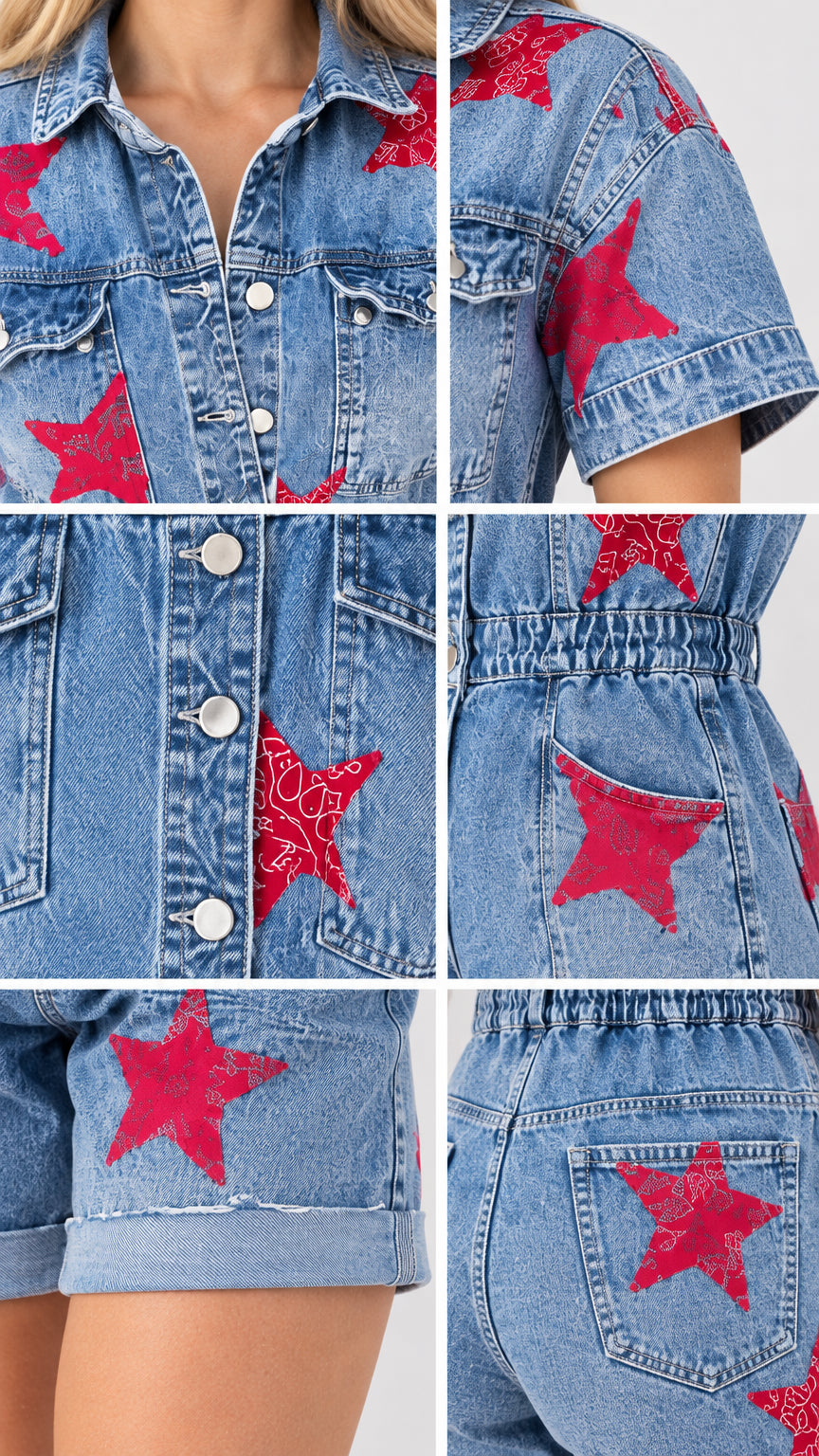 Detailed close-up collage of Denim Blue star print romper collar, buttons, pockets, and rolled cuffs