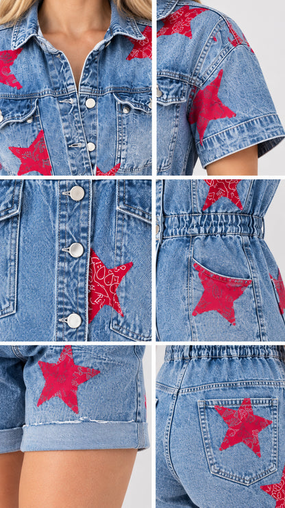 Detailed close-up collage of Denim Blue star print romper collar, buttons, pockets, and rolled cuffs