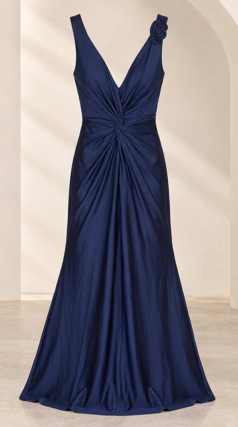 Flat front display of Navy Blue sleeveless ruched satin formal dress