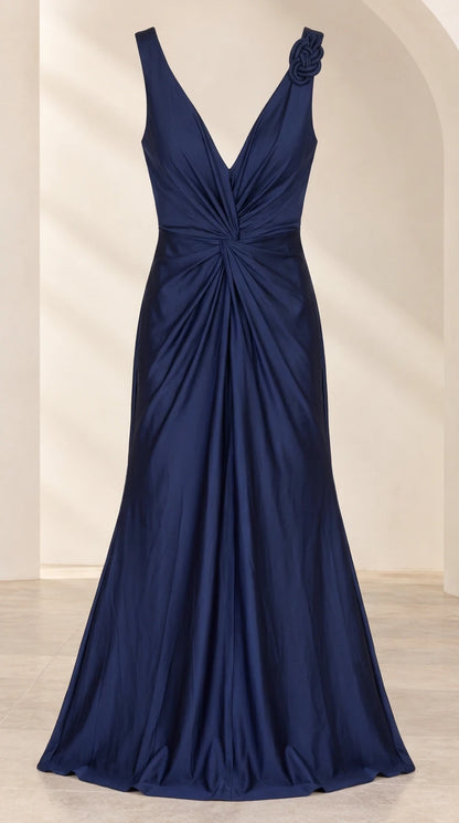 Flat front display of Navy Blue sleeveless ruched satin formal dress