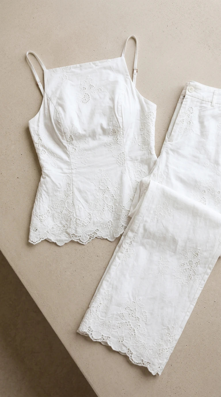 Flat lay view of white embroidered peplum cami top and matching pants