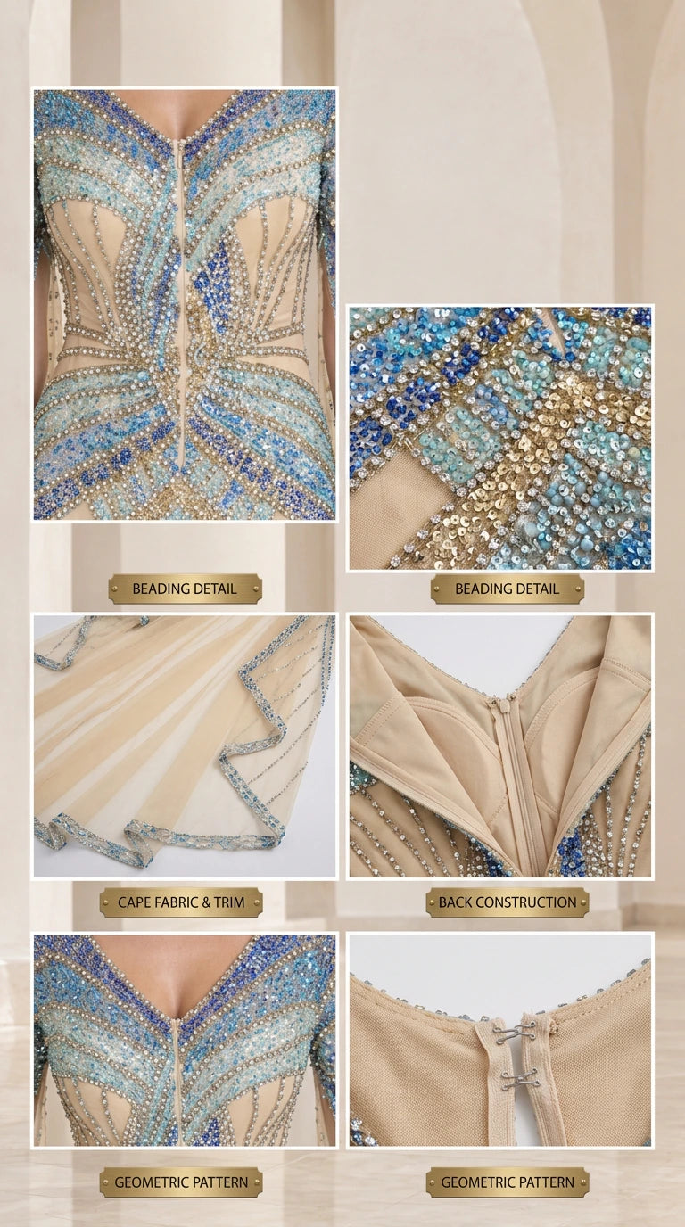 Detailed close-up views of intricate beadwork, cape border, and back zipper construction