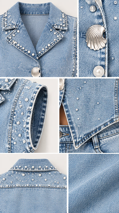 Close-up details of pearl beading, rhinestone studs, and silver buttons on Light Blue denim fabric