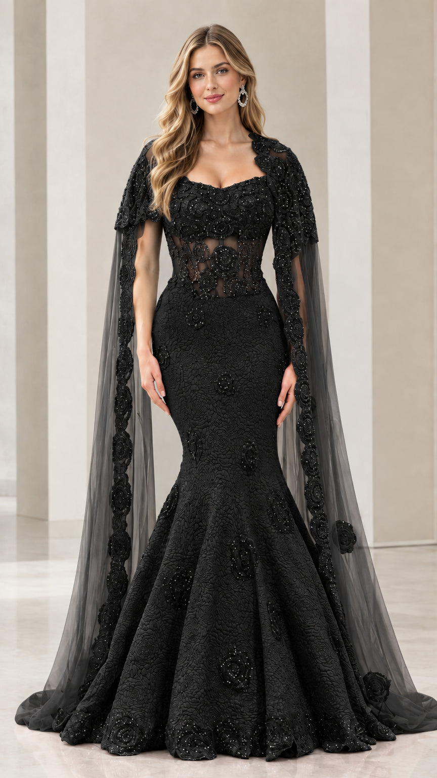 Black sweetheart mermaid evening gown with sheer bodice and floor-length cape