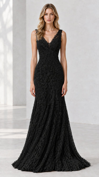 Full-length front view of black textured lace mermaid formal gown
