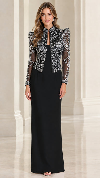 Black evening maxi dress paired with embellished lace cropped jacket