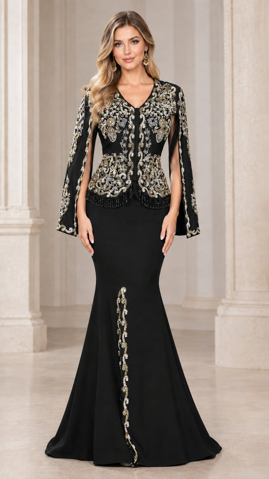 Front view of model wearing Black beaded cape sleeve mermaid gown