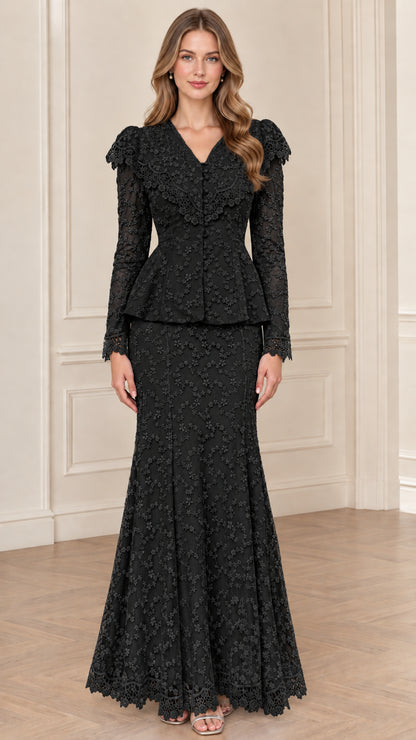 Black floral lace long sleeve peplum jacket and matching maxi skirt set