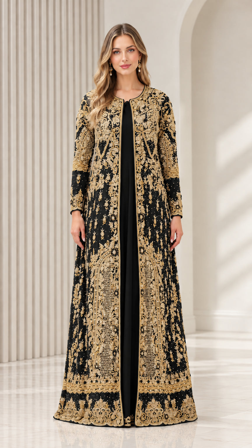 Front view of Black two-piece formal dress with gold metallic embroidery