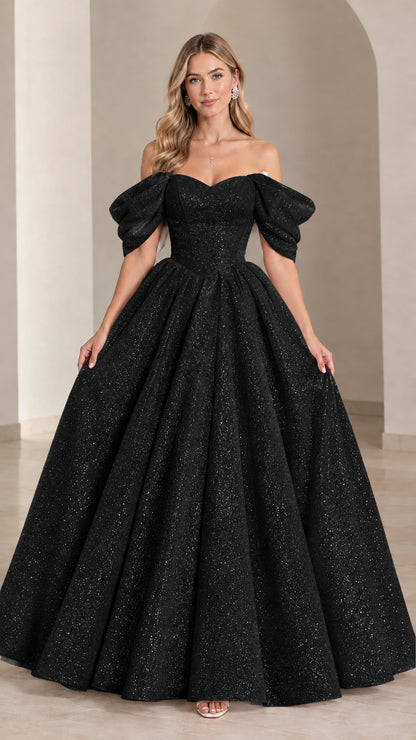 Black off-the-shoulder sparkle ball gown evening dress