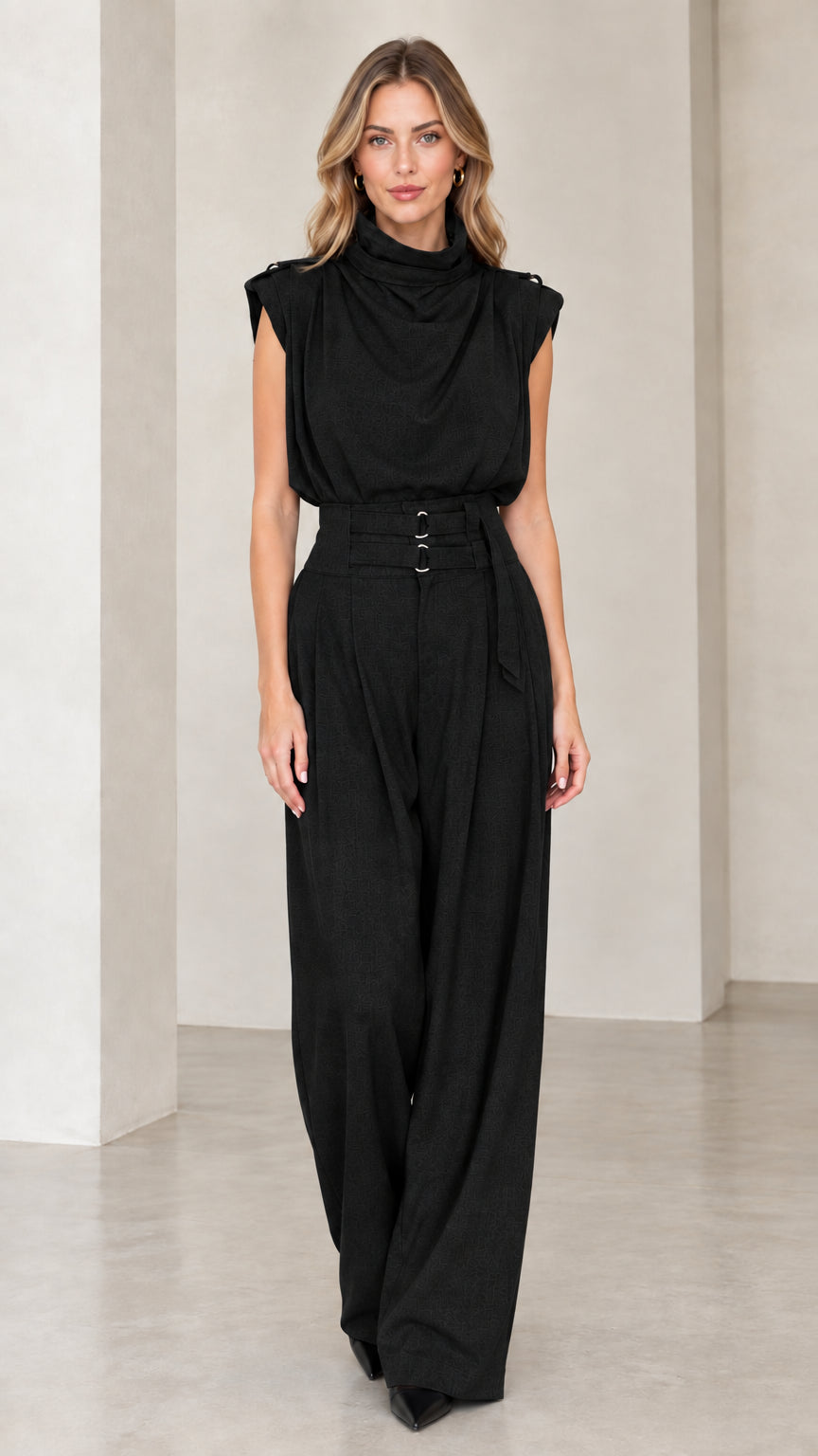 Model wearing black sleeveless drape neck wide leg belted jumpsuit