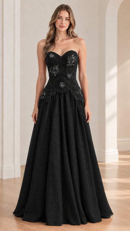Classic black strapless floral appliqué basque waist evening gown