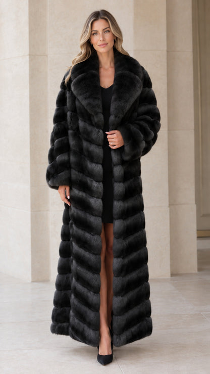 Full-length black chevron textured faux fur maxi coat
