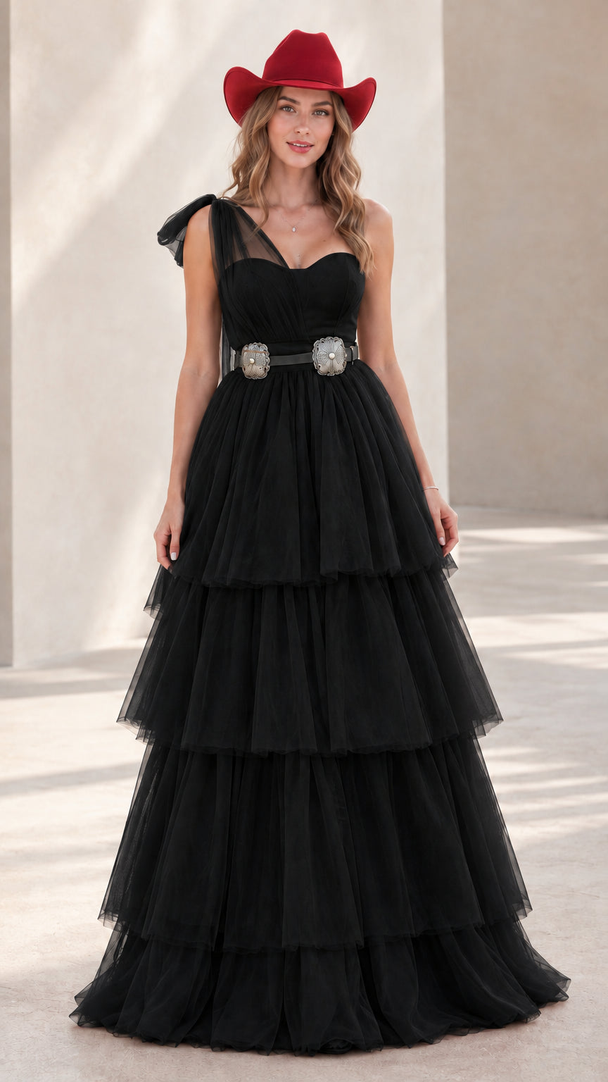 Model wearing black one-shoulder tiered tulle maxi formal dress