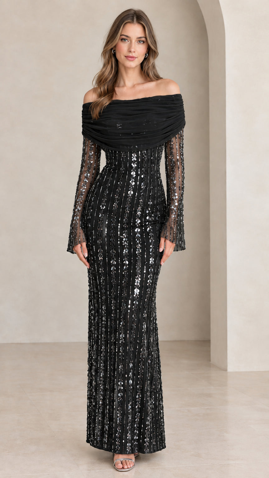 Front view of model wearing Black off-the-shoulder sequin evening gown